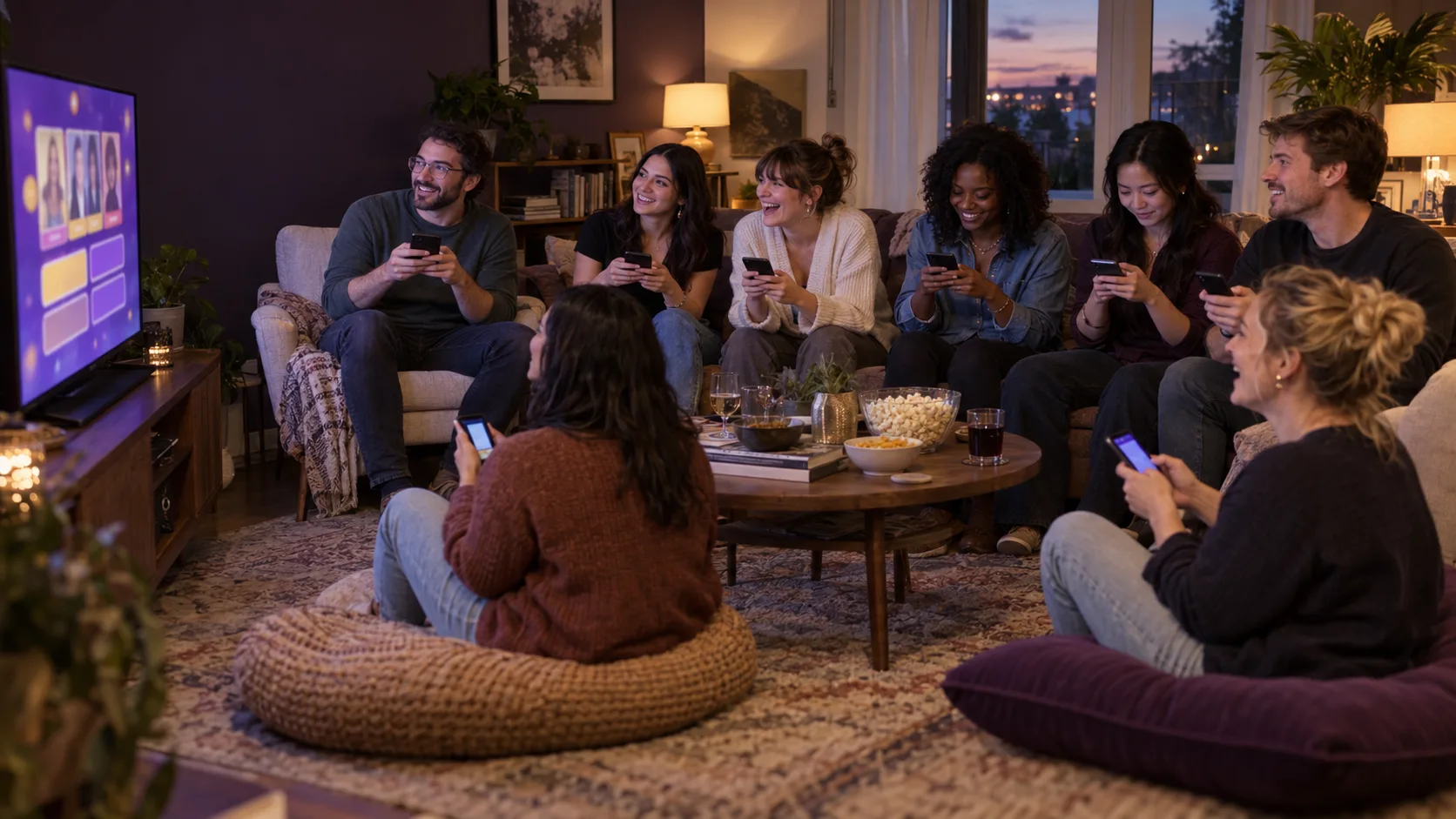 Friends gathered around a TV, using their phones to play together.